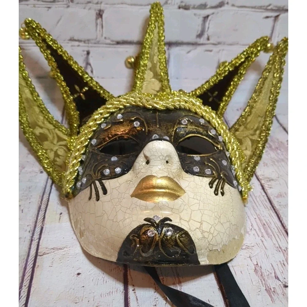 Mardi Gras Large Jester Joker‎ Crackle Venetian Masquerade Mask Brown &  Gold
